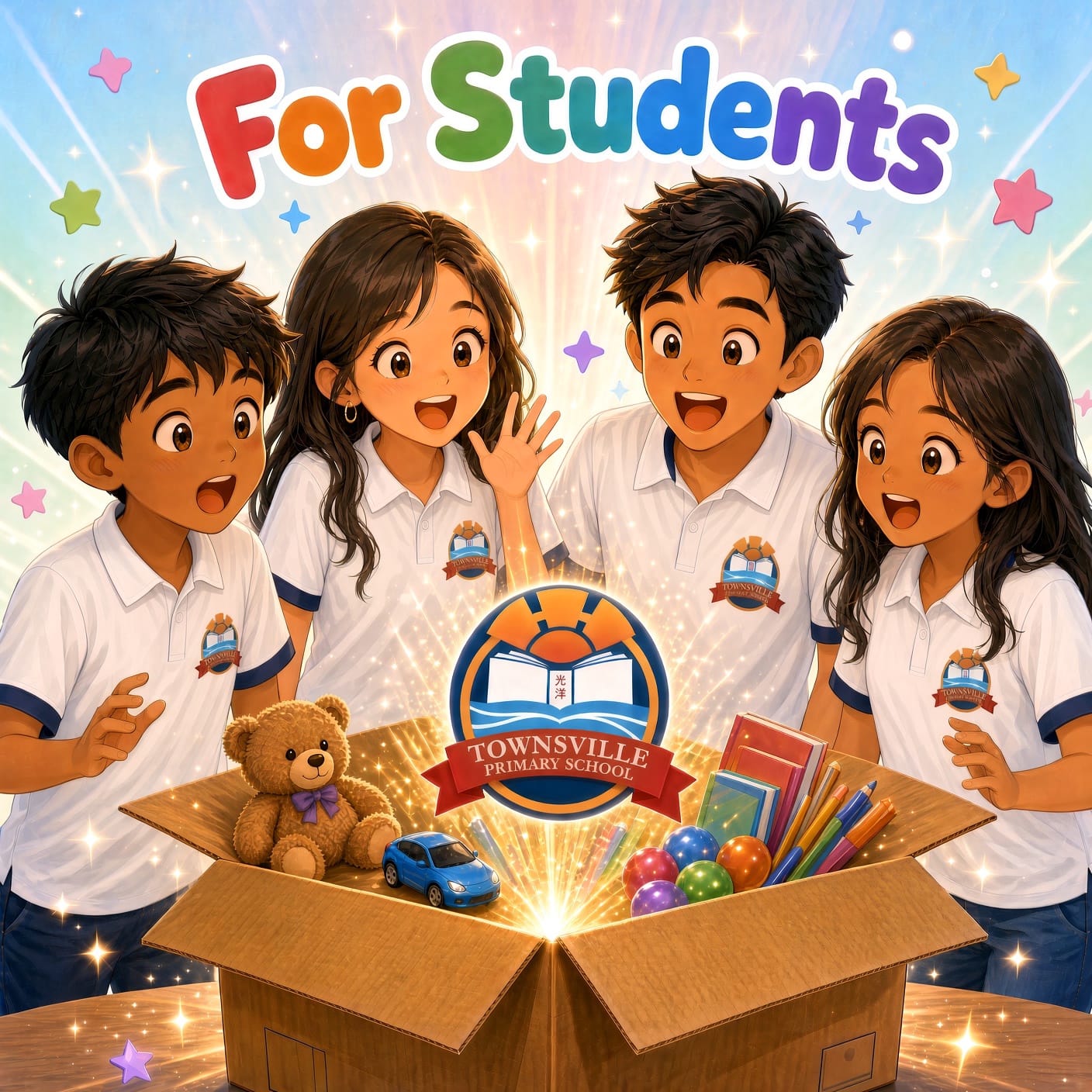 A n image of 4 students who have opened a box and items are in it.